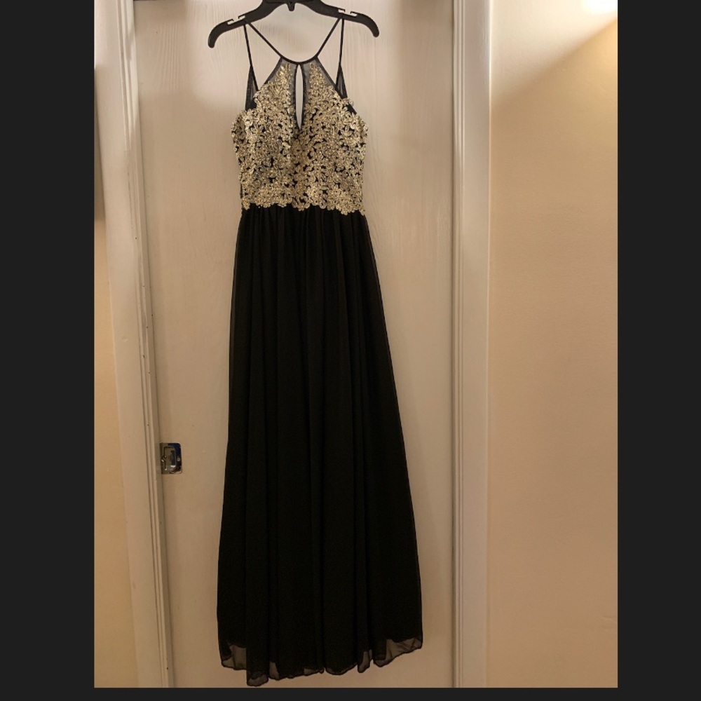 Size 1 Black Gown with gold bodice and appliqué